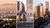 Collage: city skyline at dawn over hills; people on palm-lined plaza; sunset-lit skyscrapers