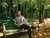 Man in striped shirt relaxing on green bench in sunlit woods