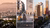 Collage: city skyline at dawn over hills; people on palm-lined plaza; sunset-lit skyscrapers